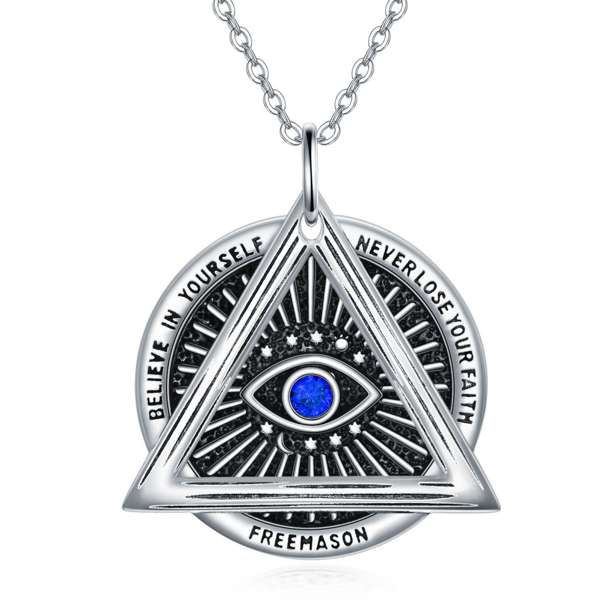 Sterling Silver Cubic Zirconia Evil Eye Triangle Masonic Symbol Pendant Necklace-1