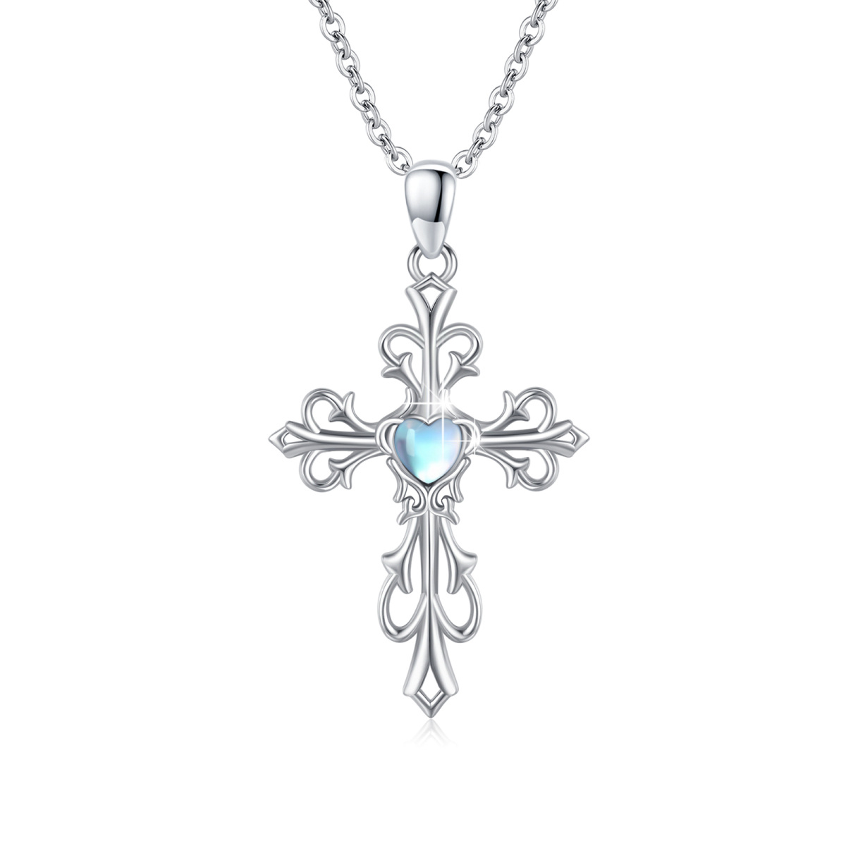 Sterling Silver Heart Shaped Moonstone Cross & Heart Pendant Necklace-1
