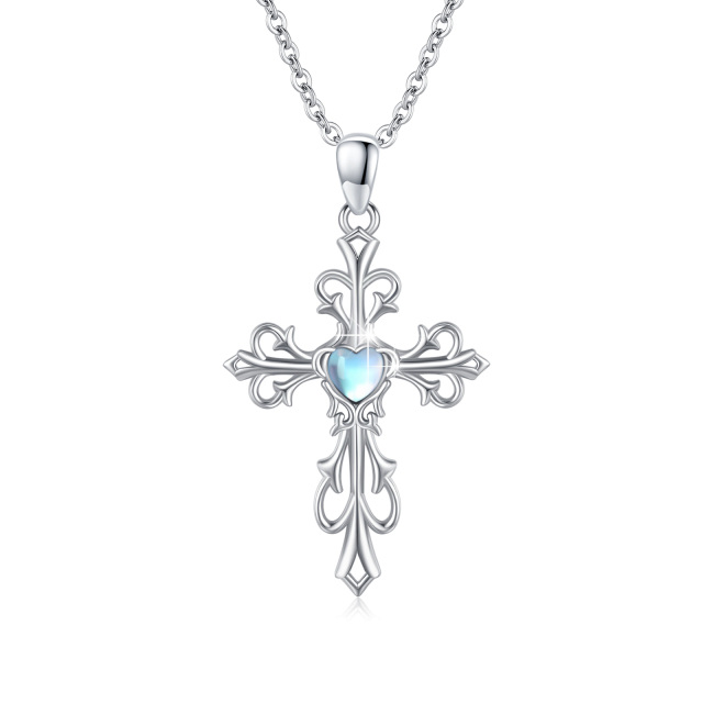 Sterling Silver Heart Shaped Moonstone Cross & Heart Pendant Necklace-0