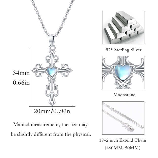Sterling Silver Heart Shaped Moonstone Cross & Heart Pendant Necklace-4