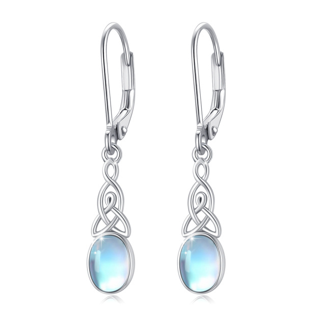 Sterling Silver Oval Shaped Moonstone Celtic Knot Lever-back Earrings-1