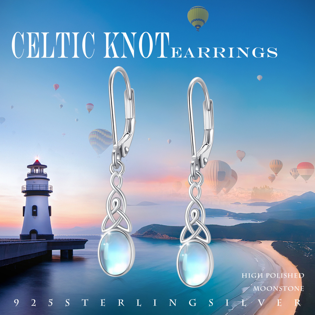 Sterling Silver Oval Shaped Moonstone Celtic Knot Lever-back Earrings-5