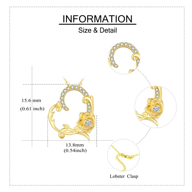 14K Gold Circular Shaped Zircon Rose & Heart Pendant Necklace-5