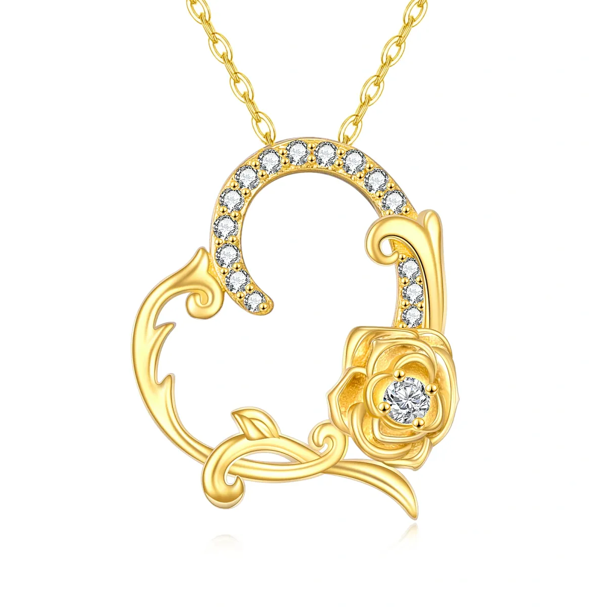 14K Gold Circular Shaped Zircon Rose & Heart Pendant Necklace-1