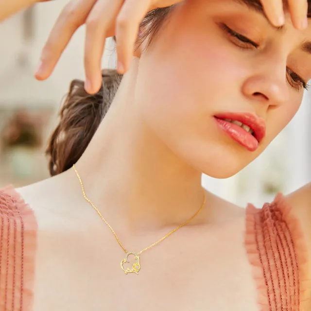 14K Gold Circular Shaped Zircon Rose & Heart Pendant Necklace-2