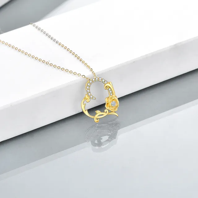 14K Gold Circular Shaped Zircon Rose & Heart Pendant Necklace-4