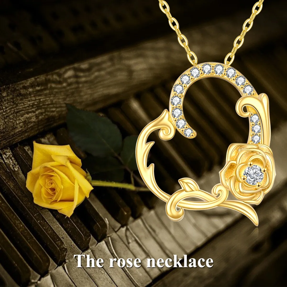 14K Gold Circular Shaped Zircon Rose & Heart Pendant Necklace-6