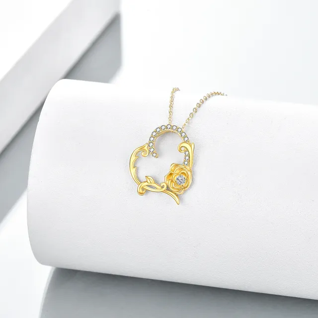 14K Gold Circular Shaped Zircon Rose & Heart Pendant Necklace-3