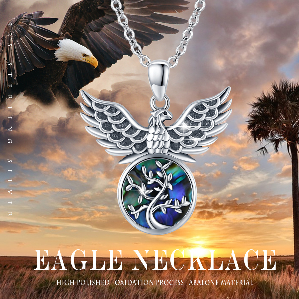 Sterling Silver Abalone Shellfish Eagle Pendant Necklace-6