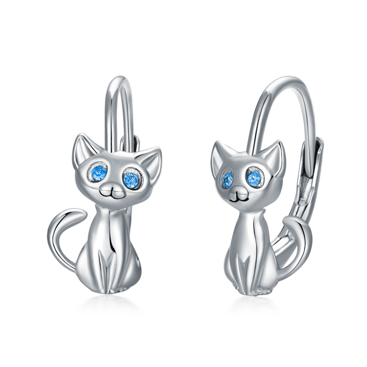 Sterling Silver Circular Shaped Cubic Zirconia Cat Hoop Earrings-1