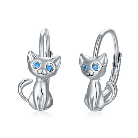 Sterling Silver Circular Shaped Cubic Zirconia Cat Hoop Earrings