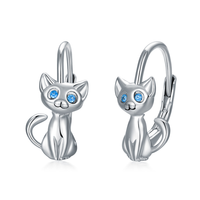 Sterling Silver Circular Shaped Cubic Zirconia Cat Hoop Earrings-0