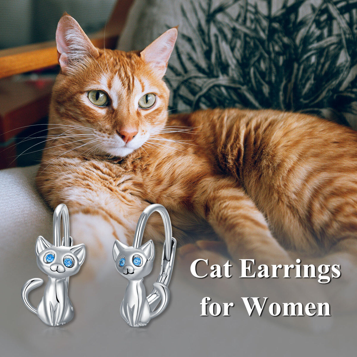 Sterling Silver Circular Shaped Cubic Zirconia Cat Hoop Earrings-6