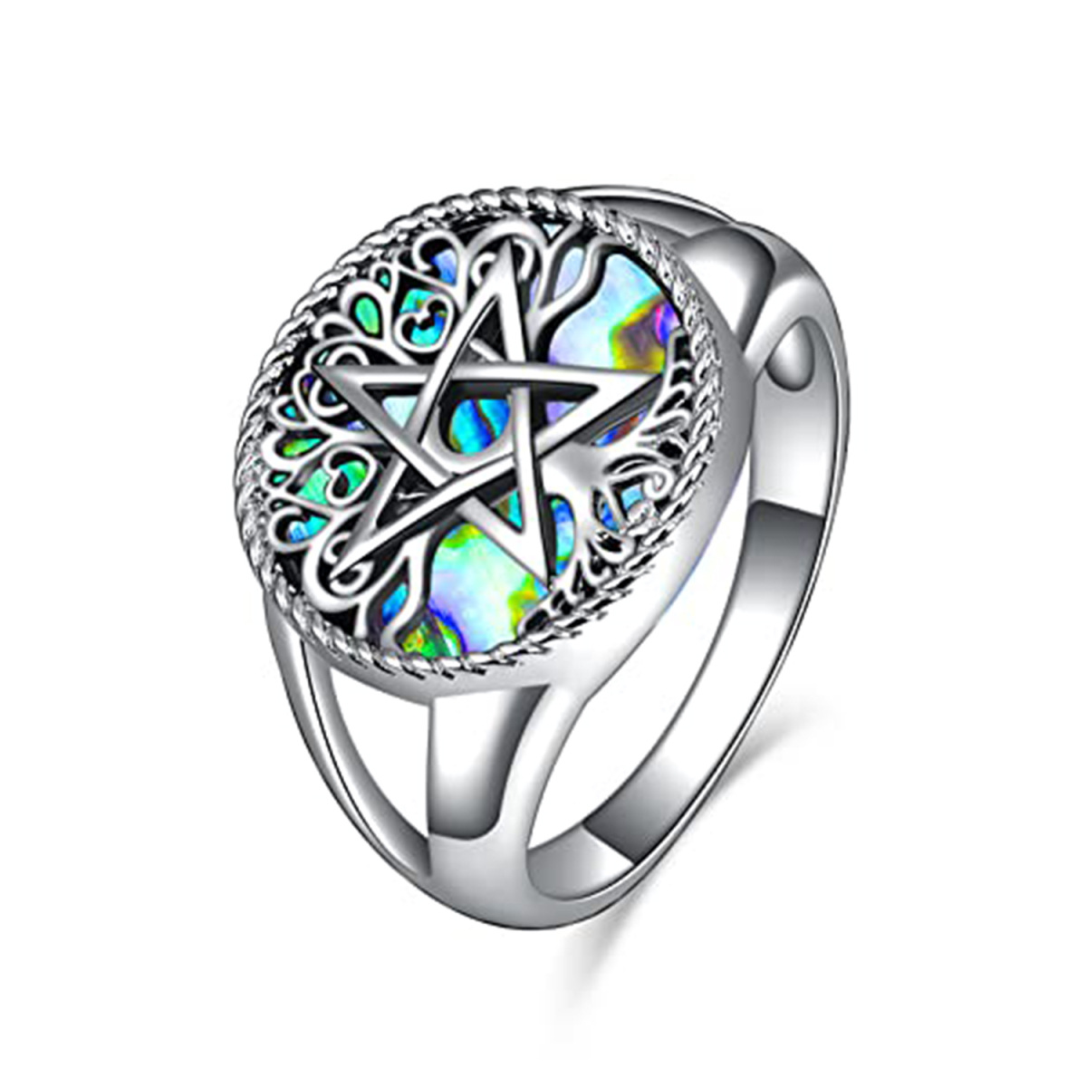 Sterling Silver Circular Shaped Abalone Shellfish Tree Of Life & Pentagram Signet Ring-1