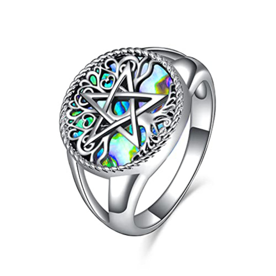 Prata esterlina em forma circular Abalone Shellfish Tree Of Life & Pentagram Signet Ring