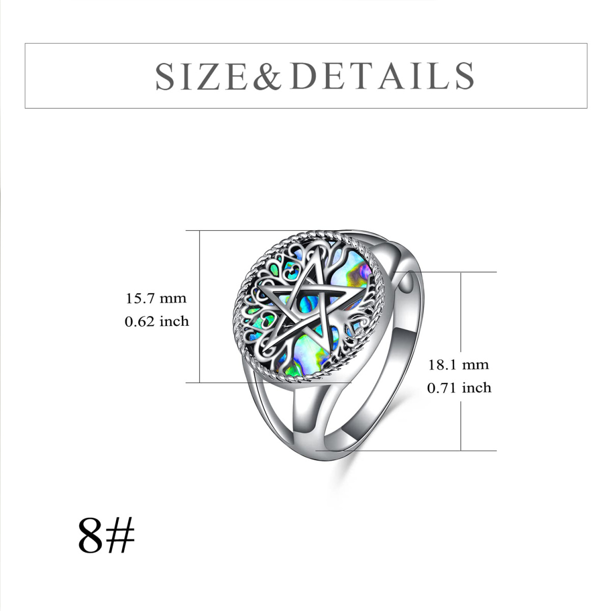 Sterling Silver Circular Shaped Abalone Shellfish Tree Of Life & Pentagram Signet Ring-5