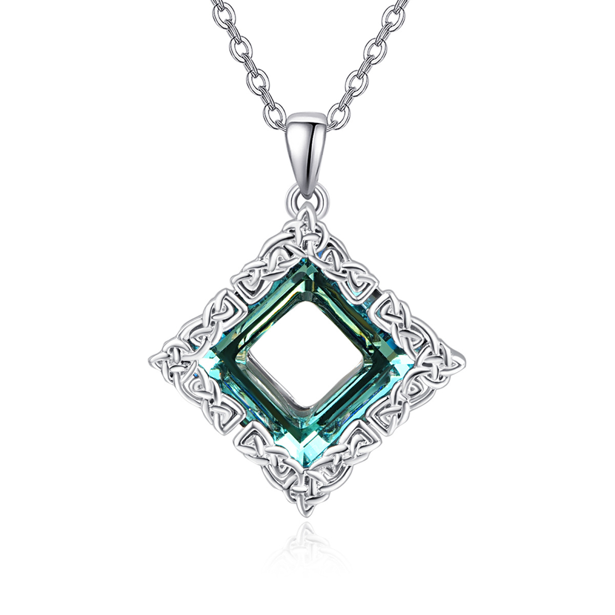 Sterling Silver Princess-square Shaped Crystal Celtic Knot Pendant Necklace-1