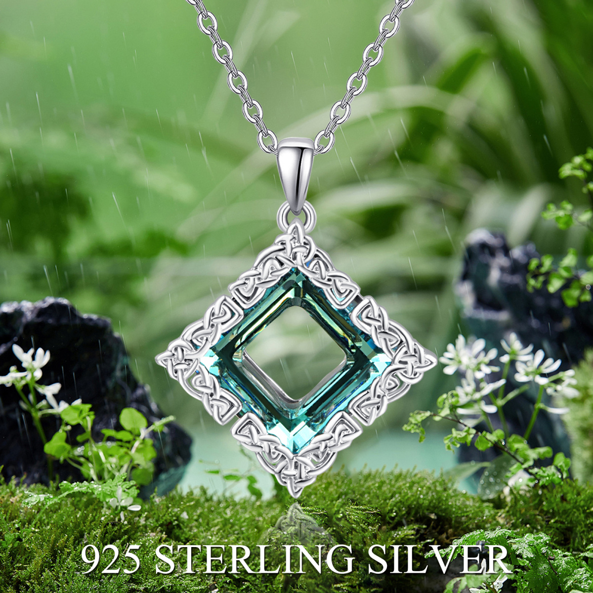 Sterling Silver Princess-square Shaped Crystal Celtic Knot Pendant Necklace-6