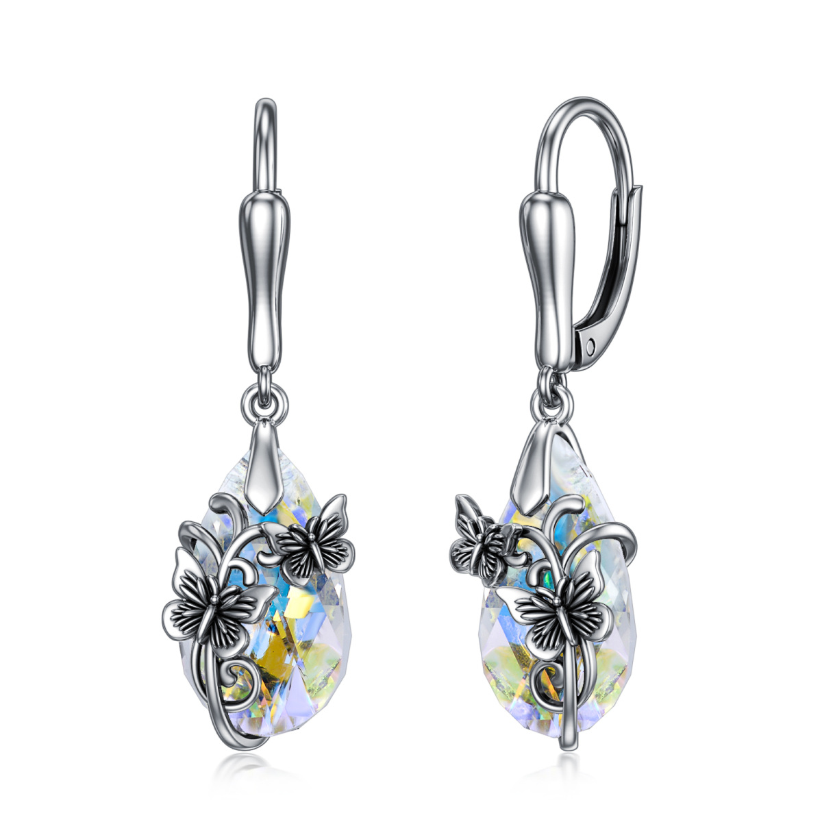 Sterling Silver Crystal Butterfly & Drop Shape Lever-back Earrings-1