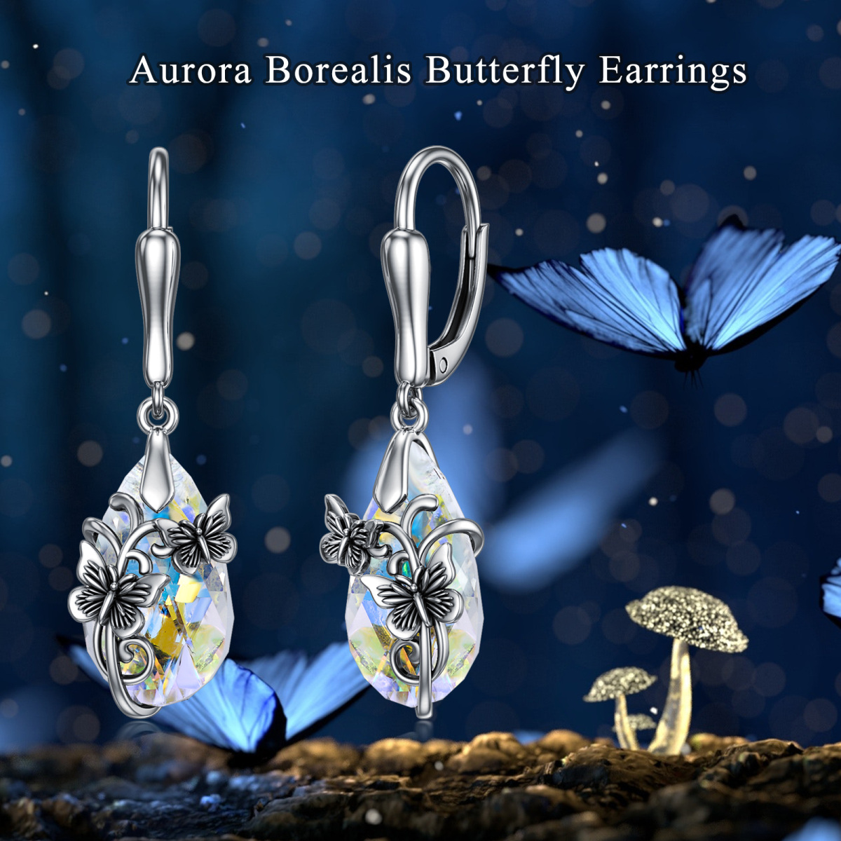 Sterling Silver Crystal Butterfly & Drop Shape Lever-back Earrings-6