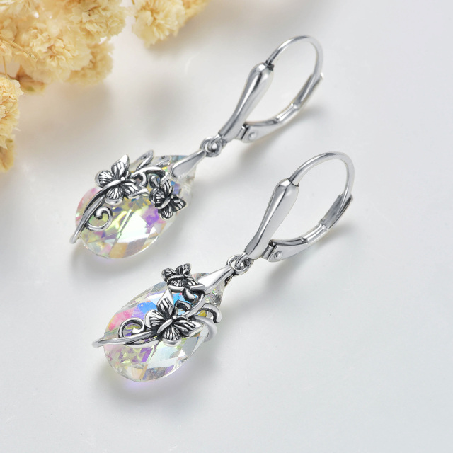 Sterling Silver Crystal Butterfly & Drop Shape Lever-back Earrings-2