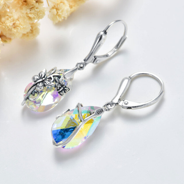 Sterling Silver Crystal Butterfly & Drop Shape Lever-back Earrings-3