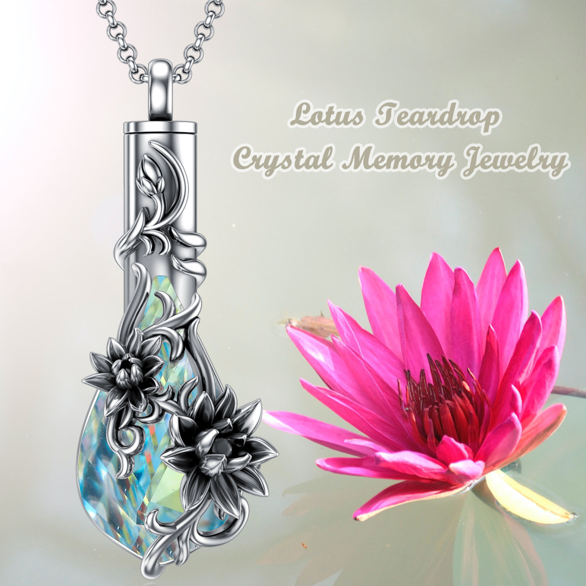 Sterling Silver Crystal Lotus & Drop Shape Urn Necklace for Ashes-6
