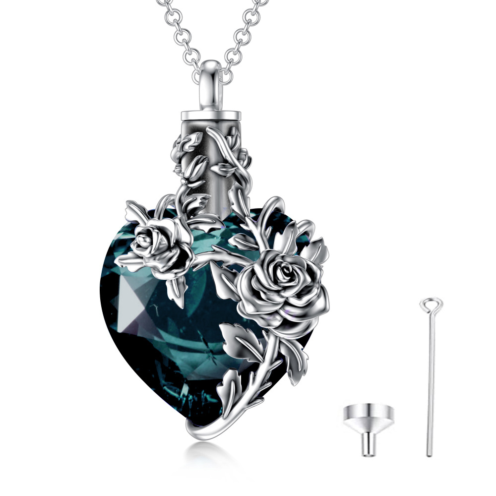 Sterling Silber Herz geformt grünem Kristall Rose & Herz Urne Halskette für Asche-1