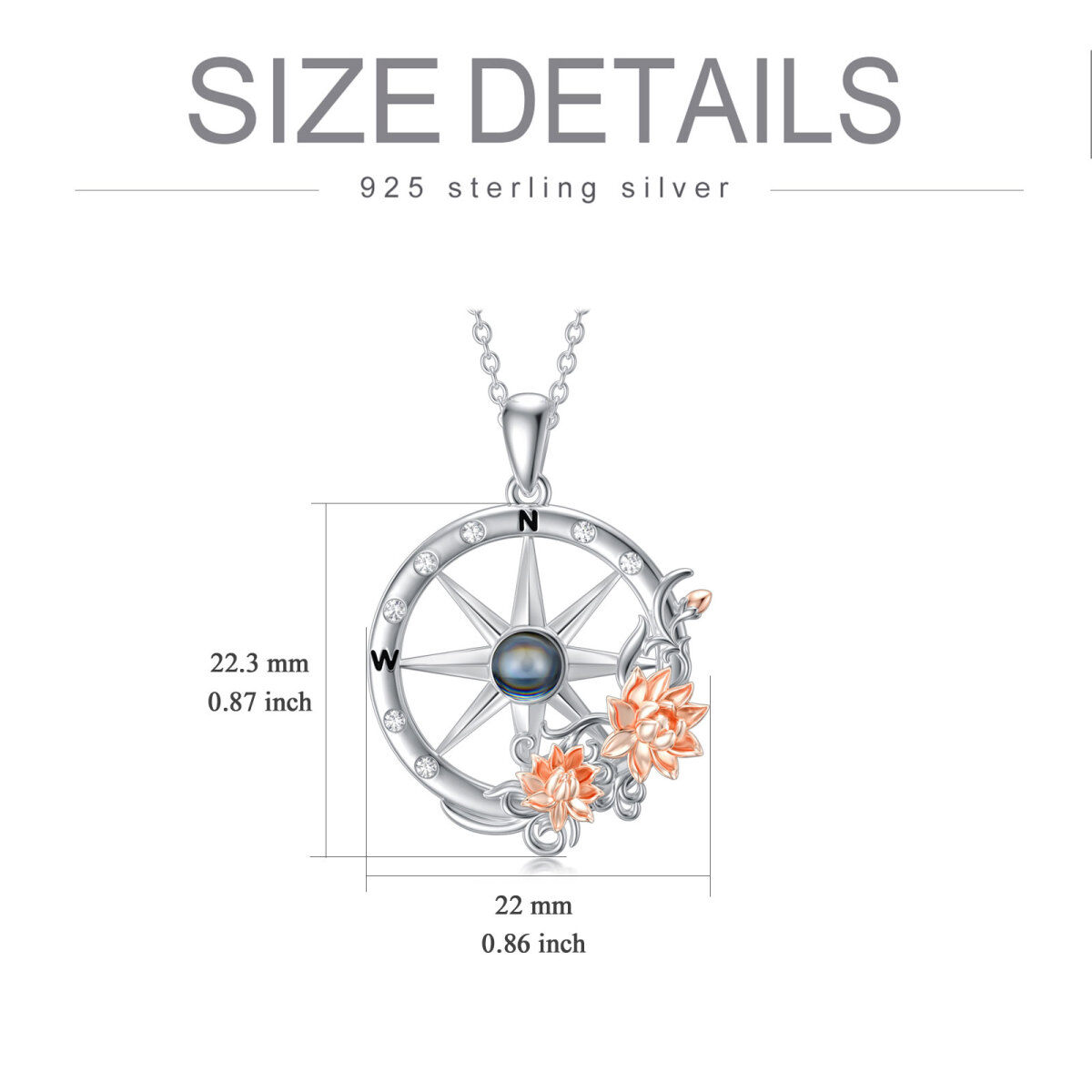 Sterling Silver Two-tone Round Cubic Zirconia & Projection Stone Lotus & Compass Pendant Necklace-6