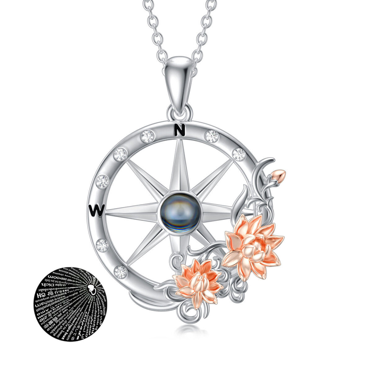 Sterling Silver Two-tone Round Cubic Zirconia & Projection Stone Lotus & Compass Pendant Necklace-1