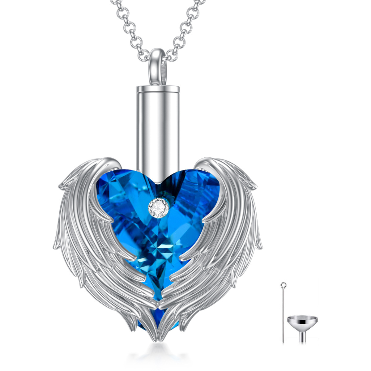 Collar de plata de ley con forma de corazón y alas de ángel de cristal azul para cenizas-1