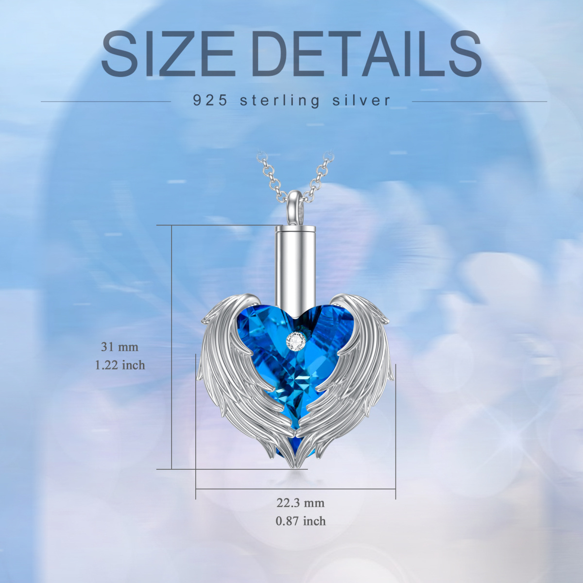 Collar de plata de ley con forma de corazón y alas de ángel de cristal azul para cenizas-5