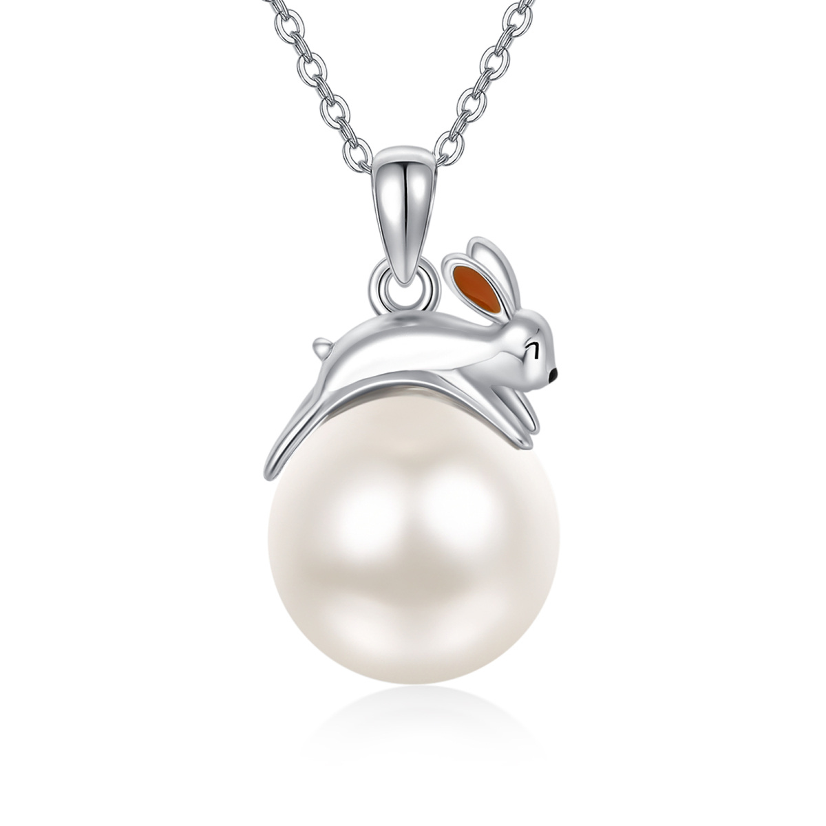 Collar de plata de ley con perla y colgante de conejo-1