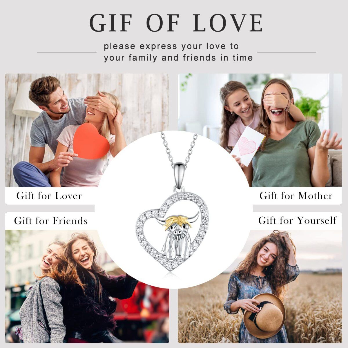 Sterling Silver Two-tone Cubic Zirconia Highland Cow & Heart Pendant Necklace-6