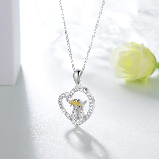 Sterling Silver Two-tone Cubic Zirconia Highland Cow & Heart Pendant Necklace-3