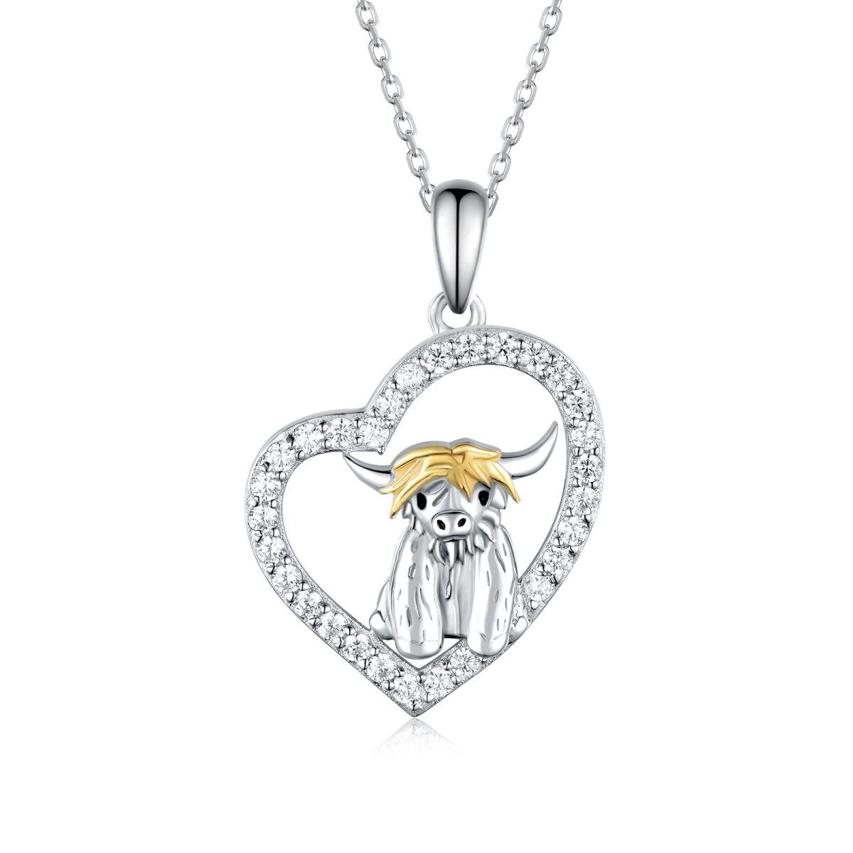 Sterling Silver Two-tone Cubic Zirconia Highland Cow & Heart Pendant Necklace-1