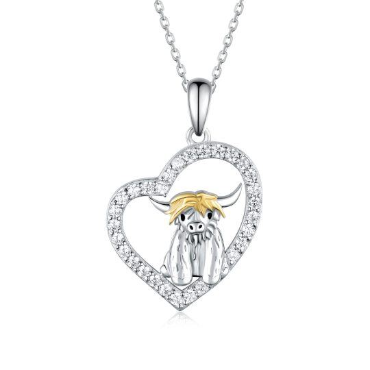 Sterling Silver Two-tone Cubic Zirconia Highland Cow & Heart Pendant Necklace