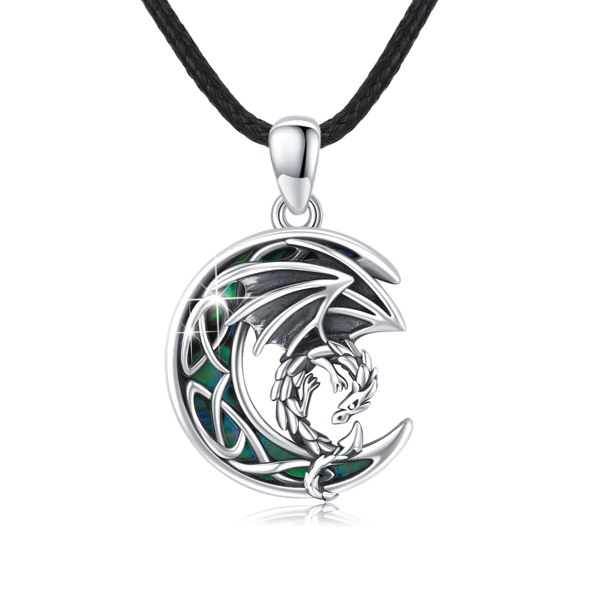 Sterling Silver Abalone Shellfish Dragon & Moon Pendant Necklace-1