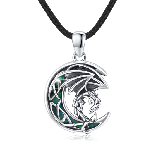Sterling Silver Abalone Shellfish Dragon & Moon Pendant Necklace