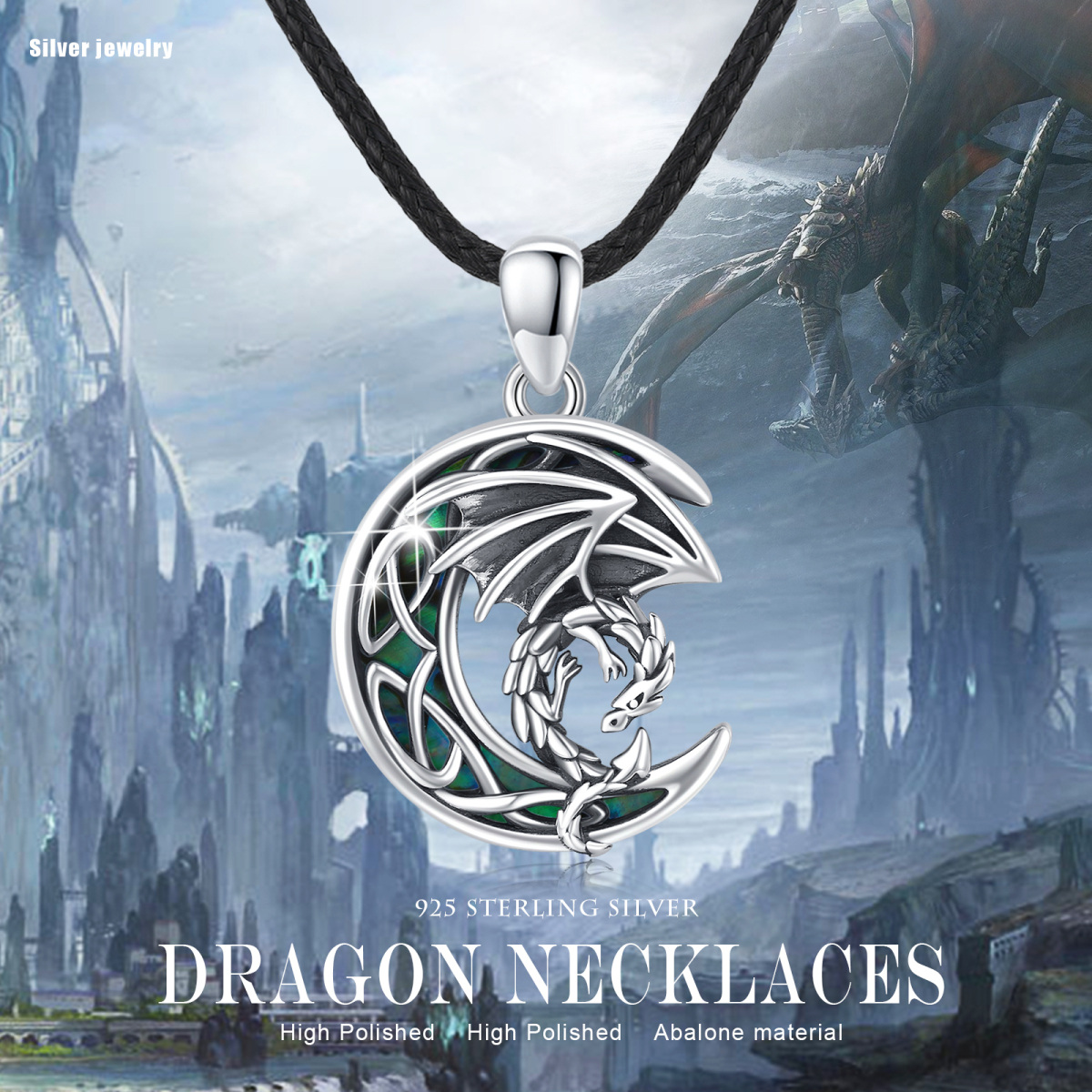 Sterling Silver Abalone Shellfish Dragon & Moon Pendant Necklace-7