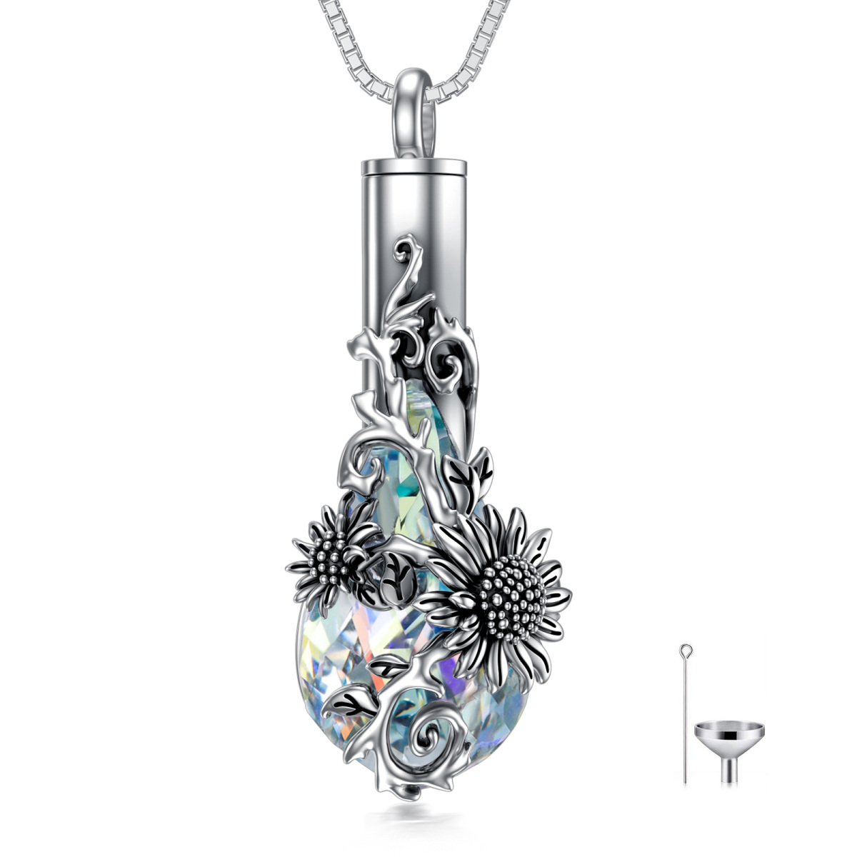 Sterling Silver Crystal Sunflower & Drop Shape Urn Necklace for Ashes-1