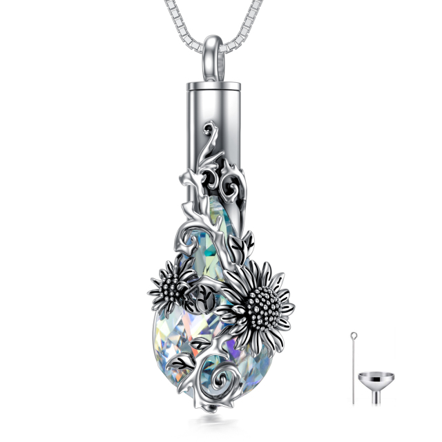 Sterling Silver Crystal Sunflower & Drop Shape Urn Necklace for Ashes-4