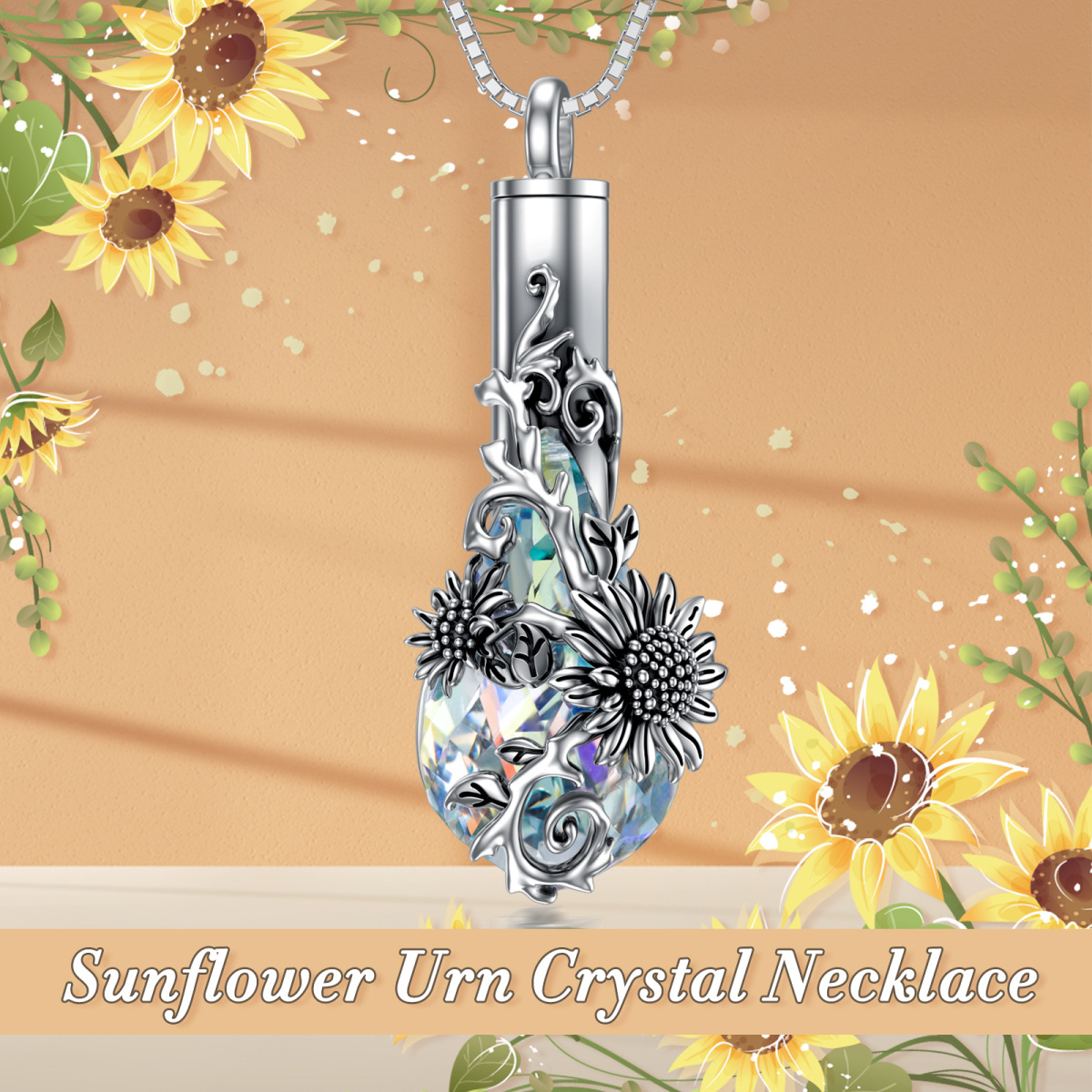 Sterling Silver Crystal Sunflower & Drop Shape Urn Necklace for Ashes-6