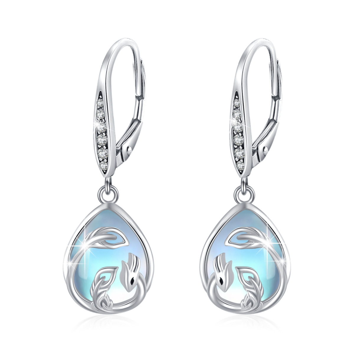 Sterling Silver Pear Shaped Moonstone Phoenix & Drop Shape Lever-back Earrings-1