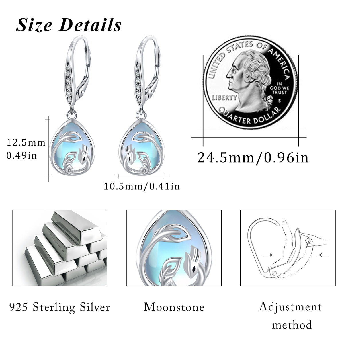 Sterling Silver Pear Shaped Moonstone Phoenix & Drop Shape Lever-back Earrings-4