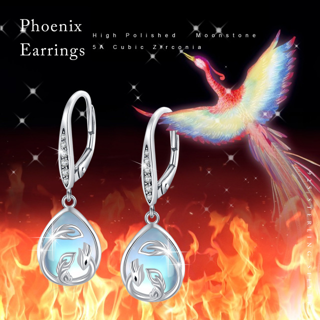 Sterling Silver Pear Shaped Moonstone Phoenix & Drop Shape Lever-back Earrings-2