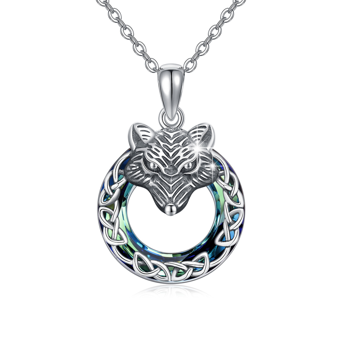 Sterling Silver Circular Shaped Crystal Wolf Pendant Necklace-1
