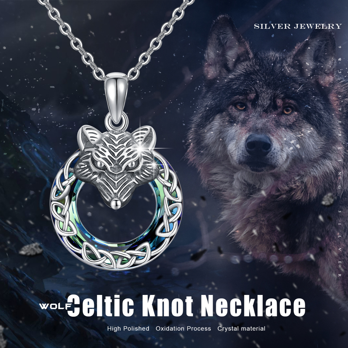 Sterling Silver Circular Shaped Crystal Wolf Pendant Necklace-6