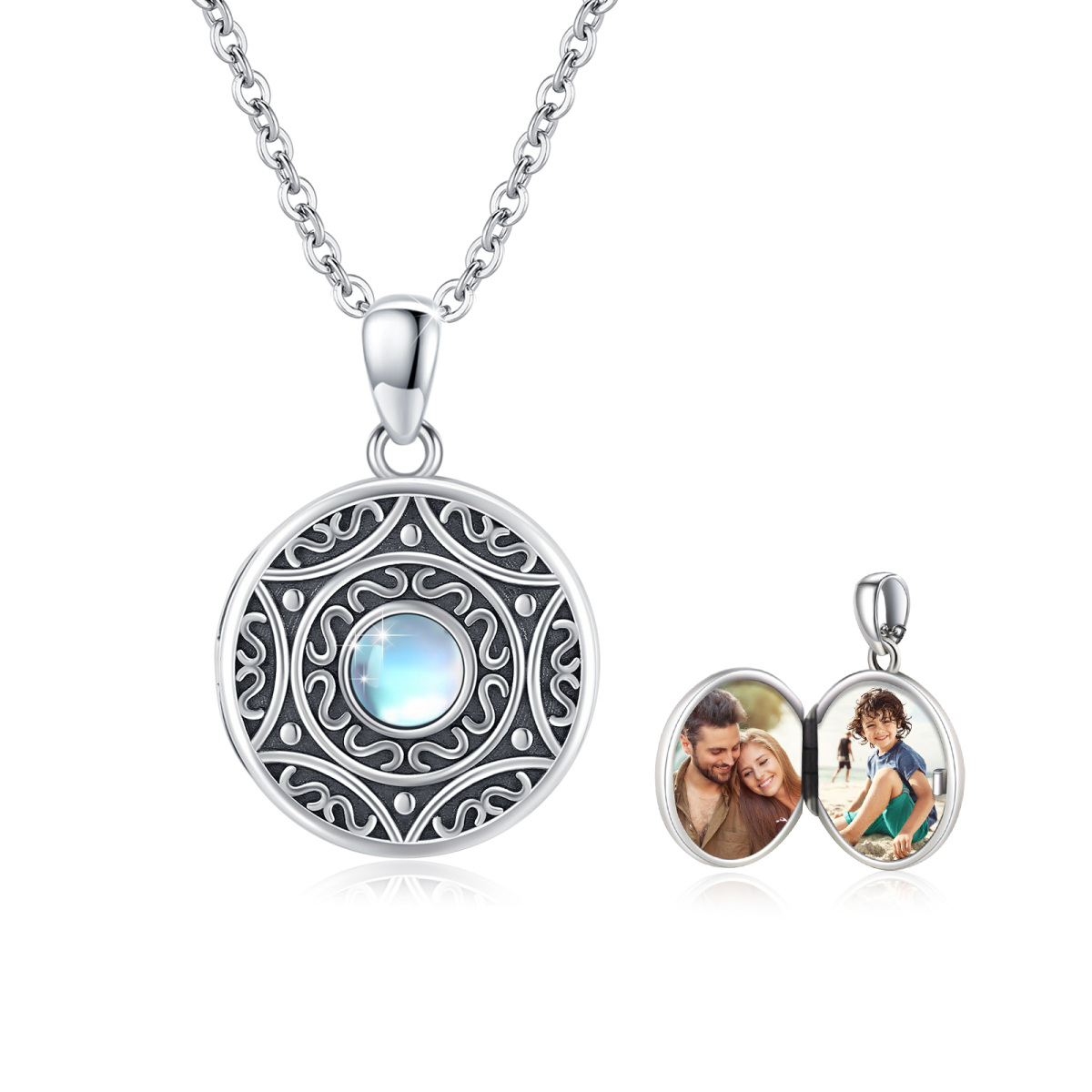 Sterling Silver Moonstone Round Circle Pendant Necklace-1