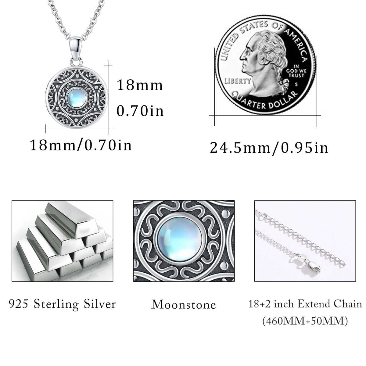 Sterling Silver Moonstone Round Circle Pendant Necklace-6